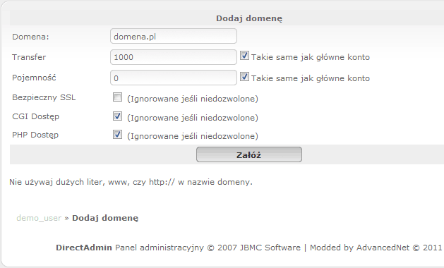 Formularz dodawania domeny